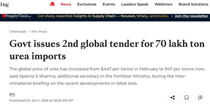 India heeft voor het kharif-seizoen een tweede mondiale ureumaanbesteding gelanceerd, waarbij 7 miljoen ton wordt geëist.